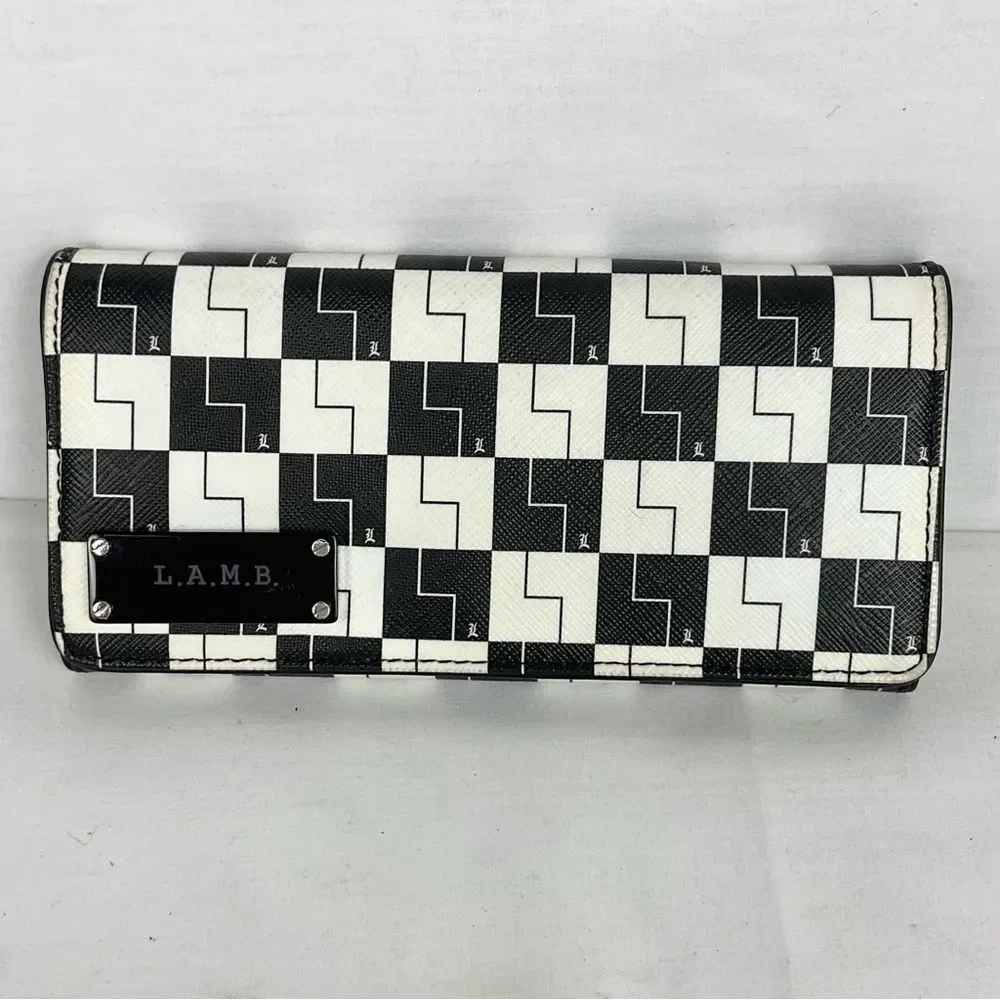 LAMB Black & White Checkerboard Wallet Y2K Signature Zip Around vintage